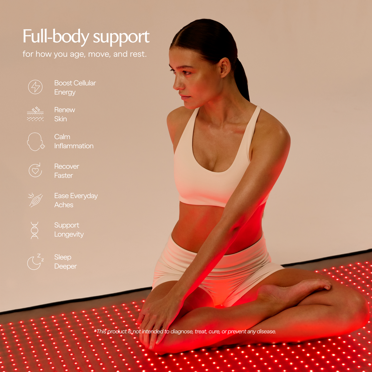 Woman seated on the illuminated Restora mat beside an infographic listing body-care benefits