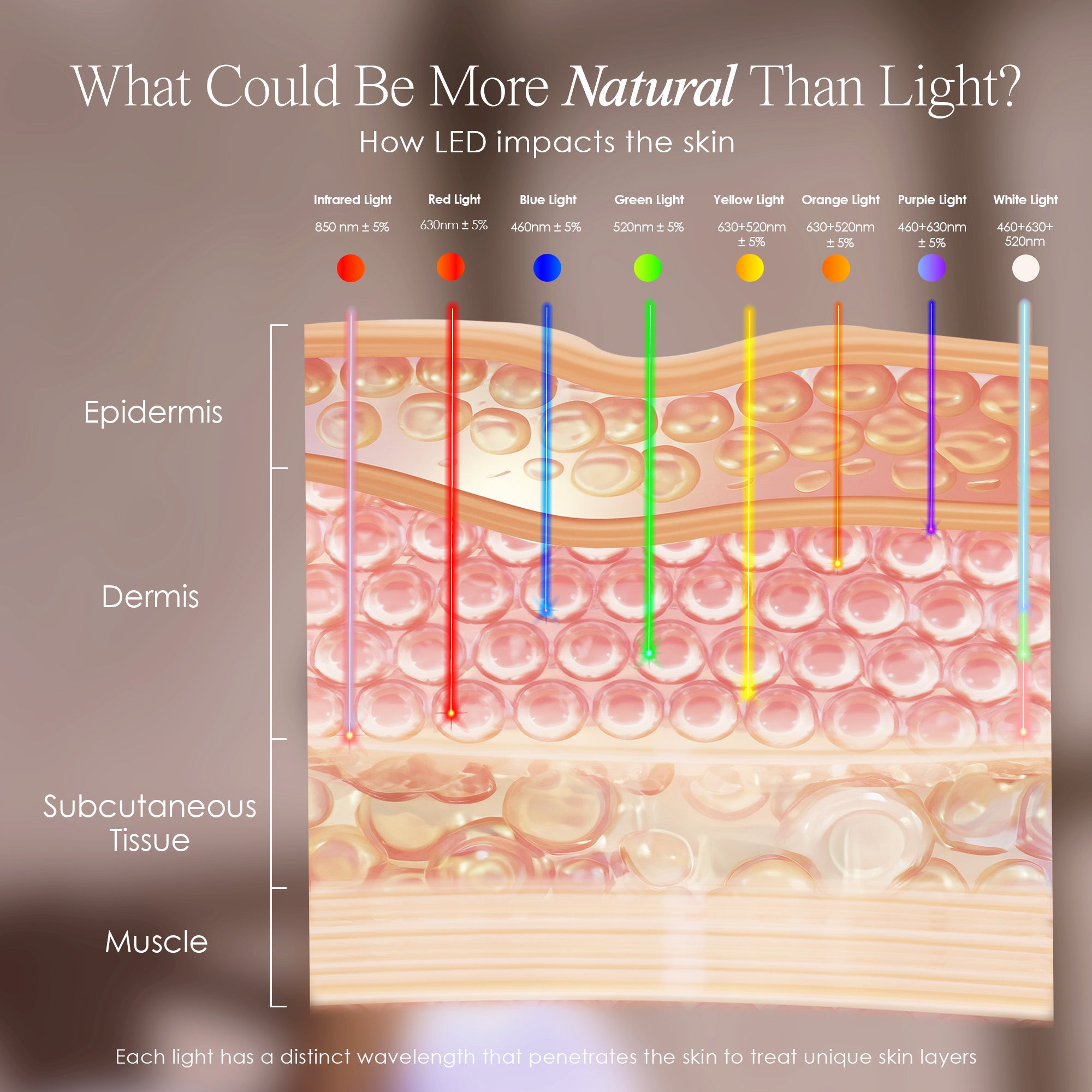 LumaLux Dome face and body LED light therapy device showing skin infographic on how LED impacts the skin