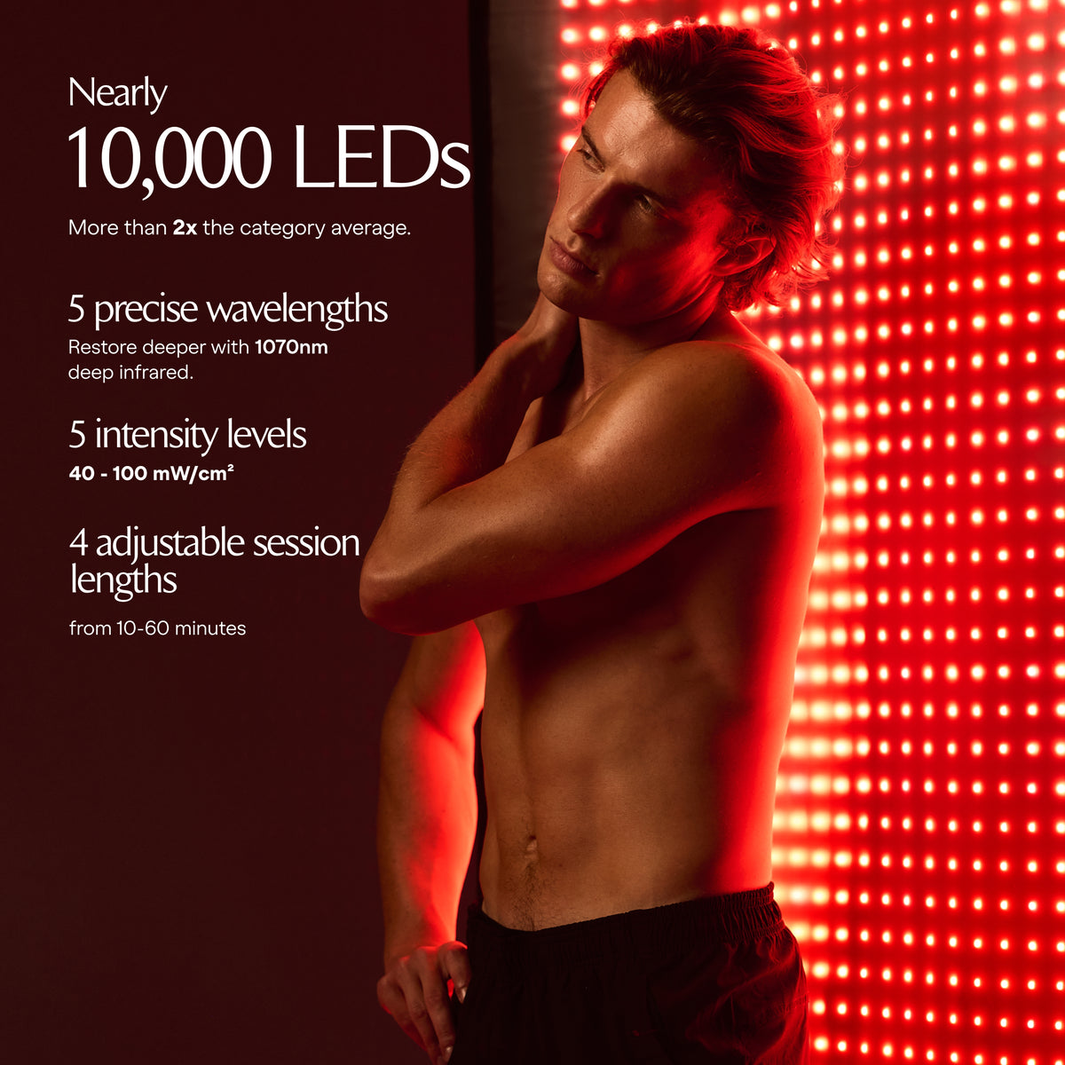 رسم توضيحي لمواصفات Restora+ بجانب رجل يقف أمام بساط LED مضاء باللون الأحمر