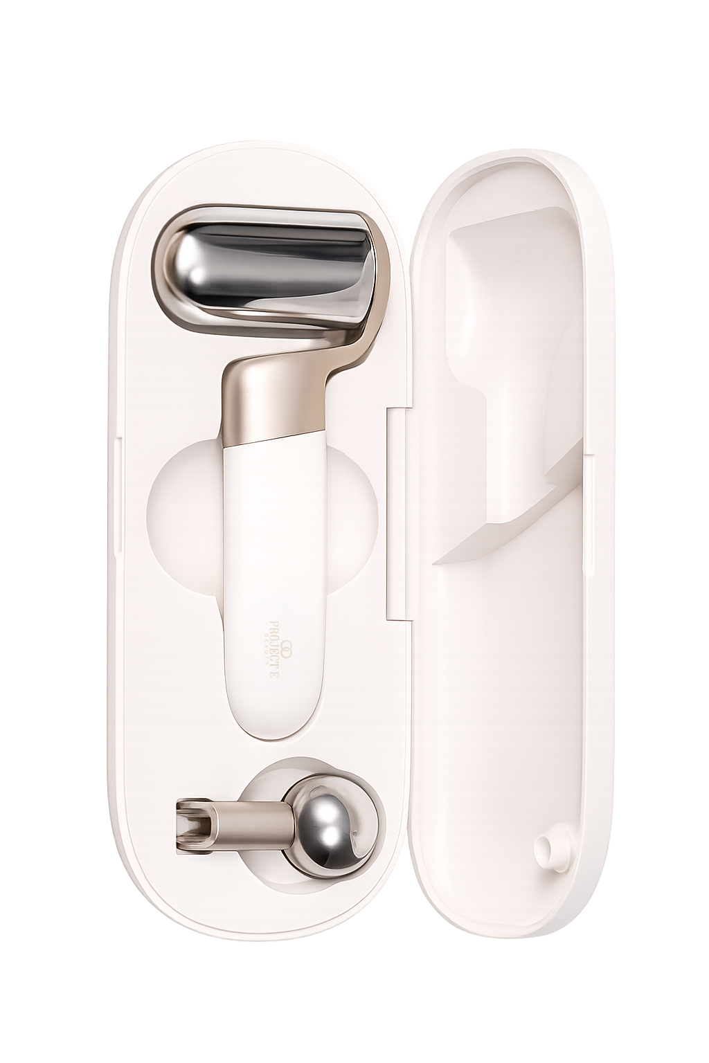 Cryo roller device with interchangeable head, packaged in white travel case.